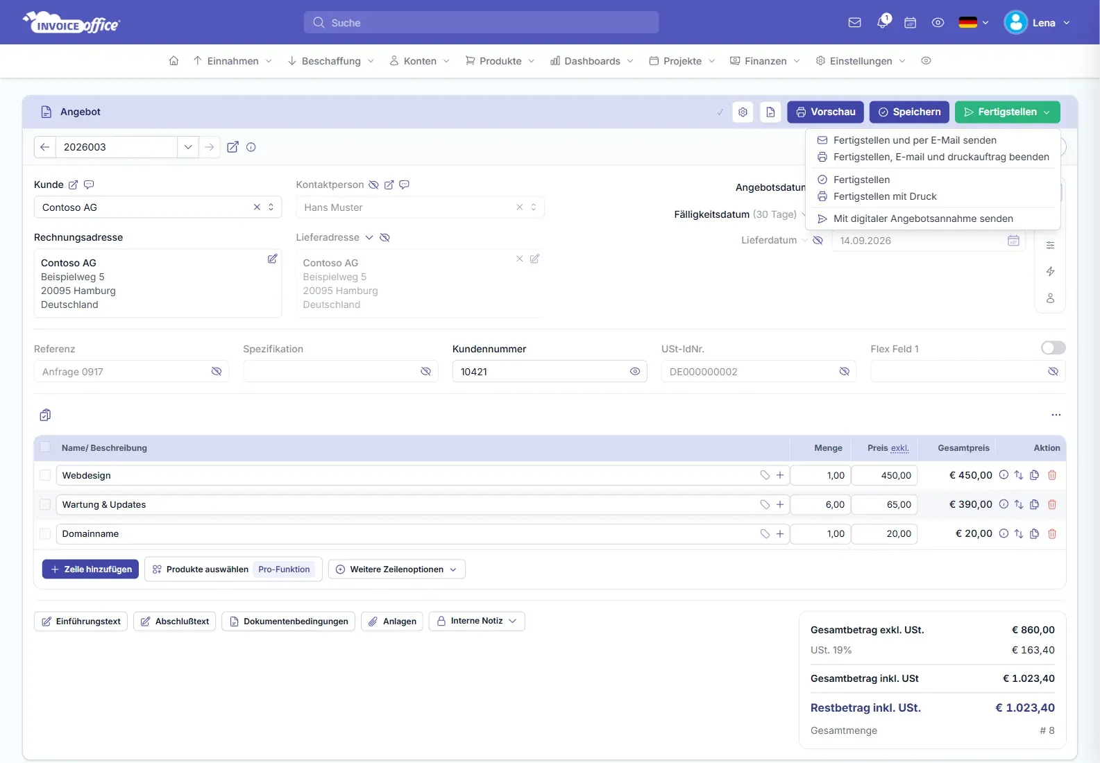 Angebot erstellen in Invoice Office: Angebot 2026003 für Contoso AG mit Webdesign, Wartung & Updates und Domainname und geöffnetem Menü „Mit digitaler Angebotsannahme senden“