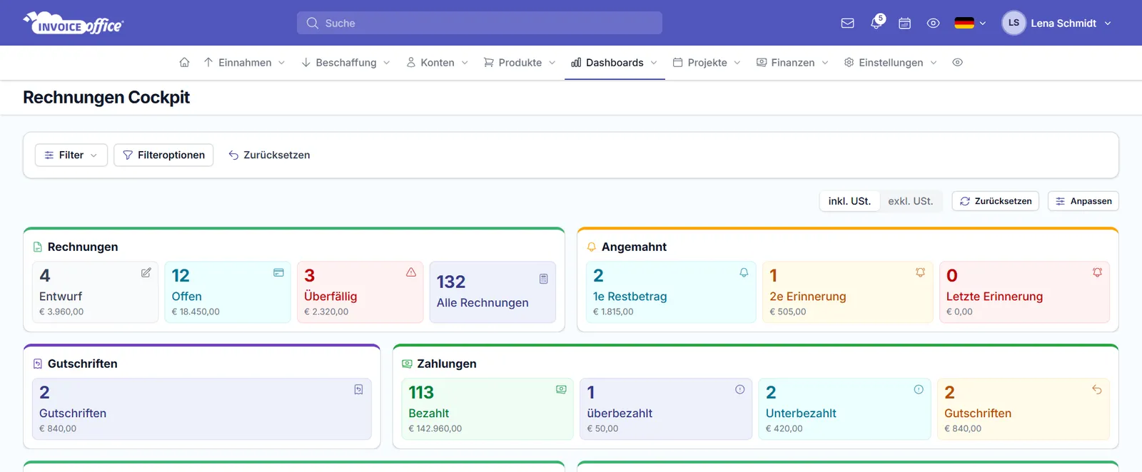Rechnungen-Cockpit von Invoice Office: Entwürfe, offene und überfällige Rechnungen, Mahnstufen, Gutschriften und Zahlungen – bezahlt, überbezahlt und unterbezahlt