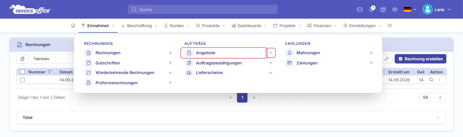 Menü Einnahmen in Invoice Office mit den Spalten Rechnungen, Aufträge und Zahlungen; unter Aufträge sind der Eintrag Angebote und das Pluszeichen daneben rot markiert