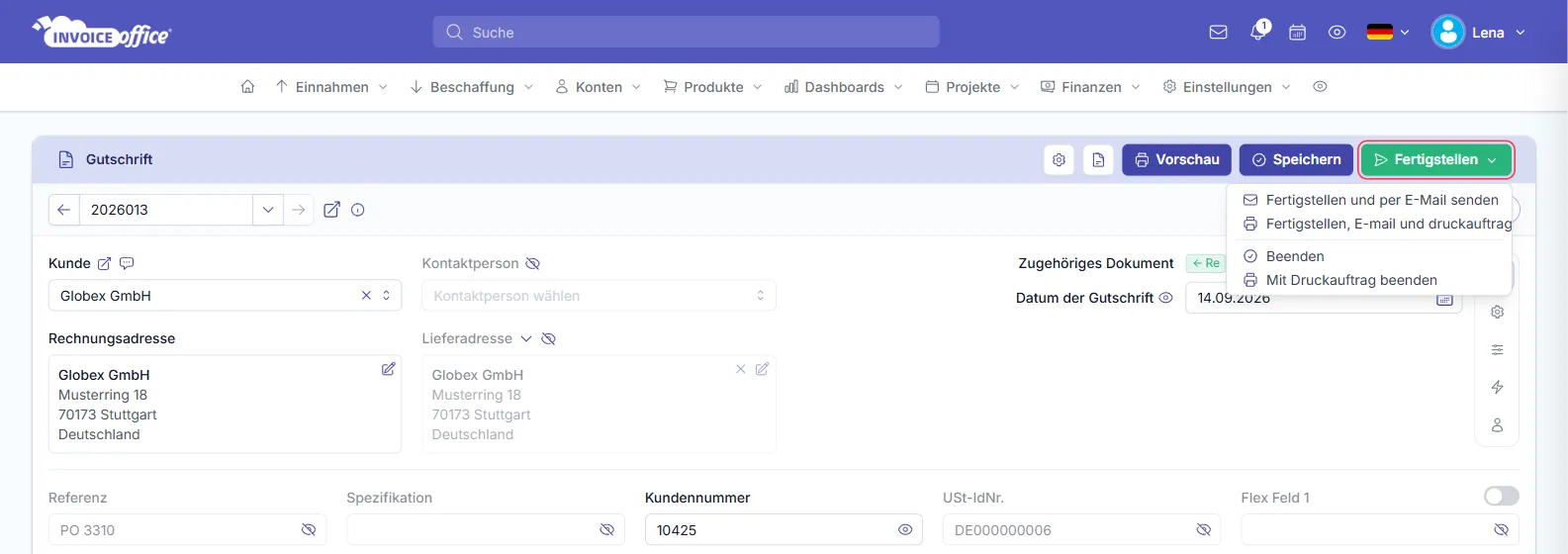 Geöffnetes Menü Fertigstellen in der Gutschrift mit Fertigstellen und per E-Mail senden, Fertigstellen, E-mail und druckauftrag beenden, Beenden und Mit Druckauftrag beenden; die Schaltfläche Fertigstellen ist rot markiert