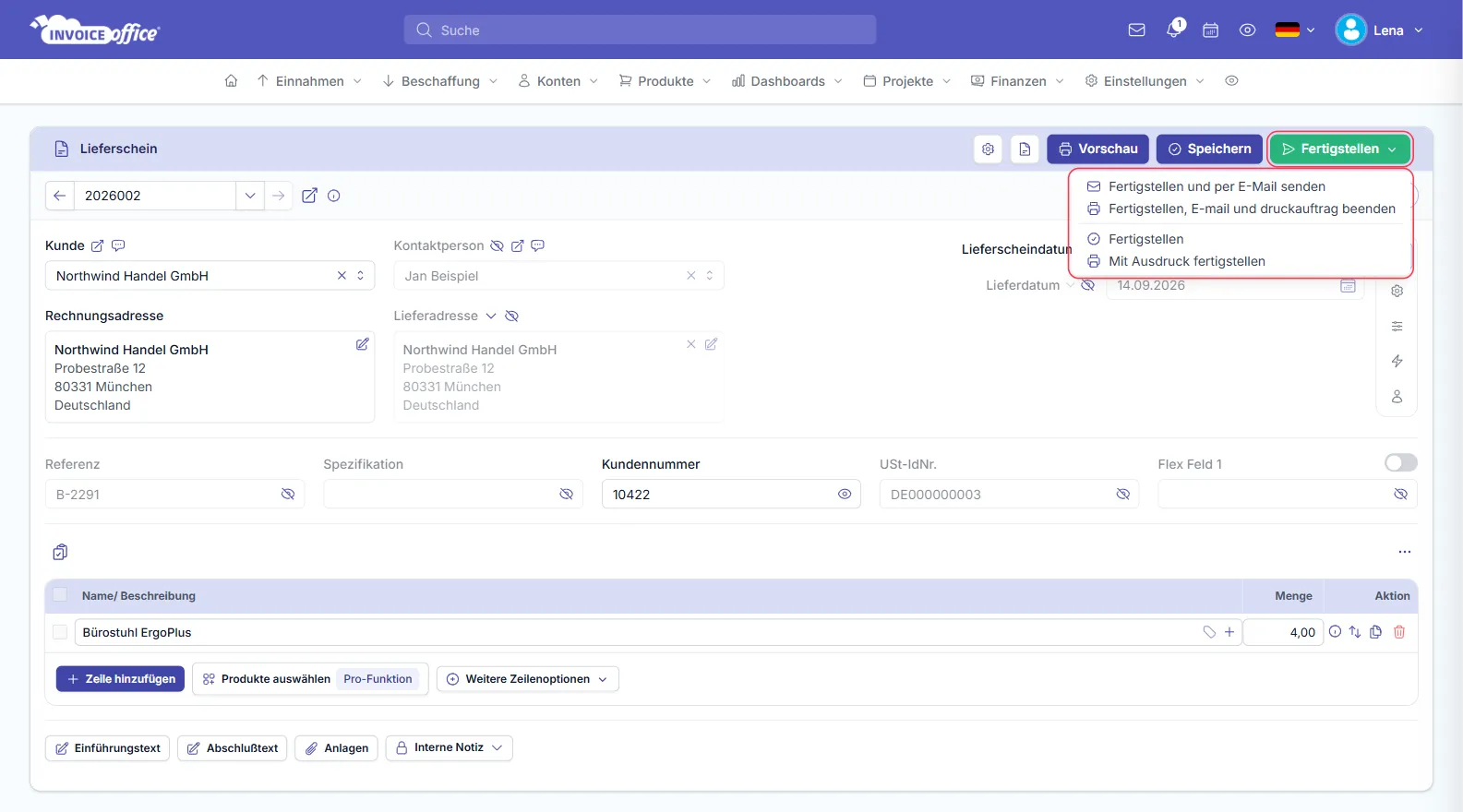 Geöffnetes Menü Fertigstellen im Lieferschein mit Fertigstellen und per E-Mail senden, Fertigstellen, E-mail und druckauftrag beenden, Fertigstellen und Mit Ausdruck fertigstellen; die Schaltfläche und das Menü sind rot markiert