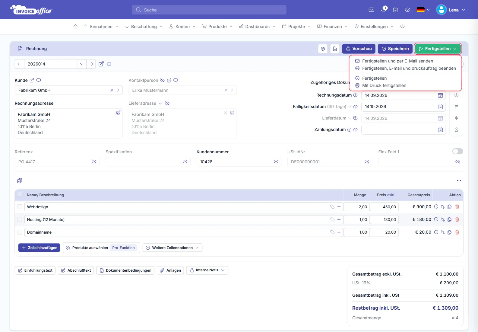 Geöffnetes Menü Fertigstellen in der Rechnung mit Fertigstellen und per E-Mail senden, Fertigstellen, E-mail und druckauftrag beenden, Fertigstellen und Mit Druck fertigstellen; die Schaltfläche und das Menü sind rot markiert