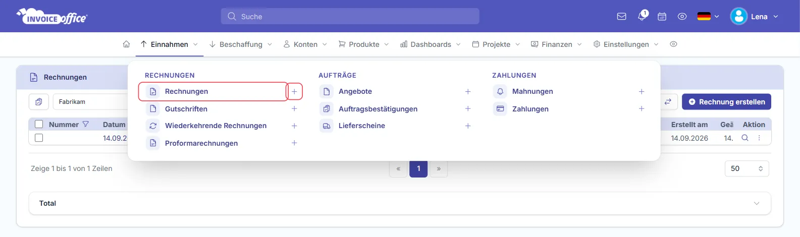 Menü Einnahmen in Invoice Office mit den Spalten Rechnungen, Aufträge und Zahlungen; der Eintrag Rechnungen und das Pluszeichen daneben sind rot markiert