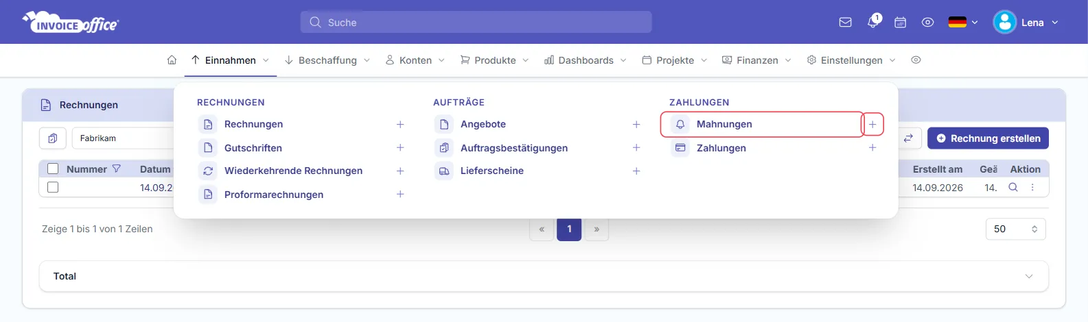 Menü Einnahmen in Invoice Office mit den Spalten Rechnungen, Aufträge und Zahlungen; unter Zahlungen sind der Eintrag Mahnungen und das Pluszeichen daneben rot markiert