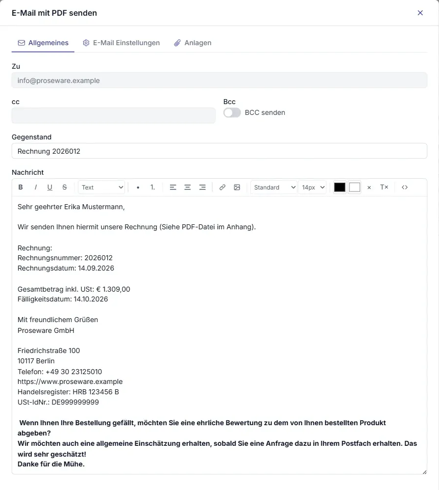 Rechnung per E-Mail senden: Dialog E-Mail mit PDF senden in Invoice Office mit Empfänger, CC, BCC, Betreff und Nachricht