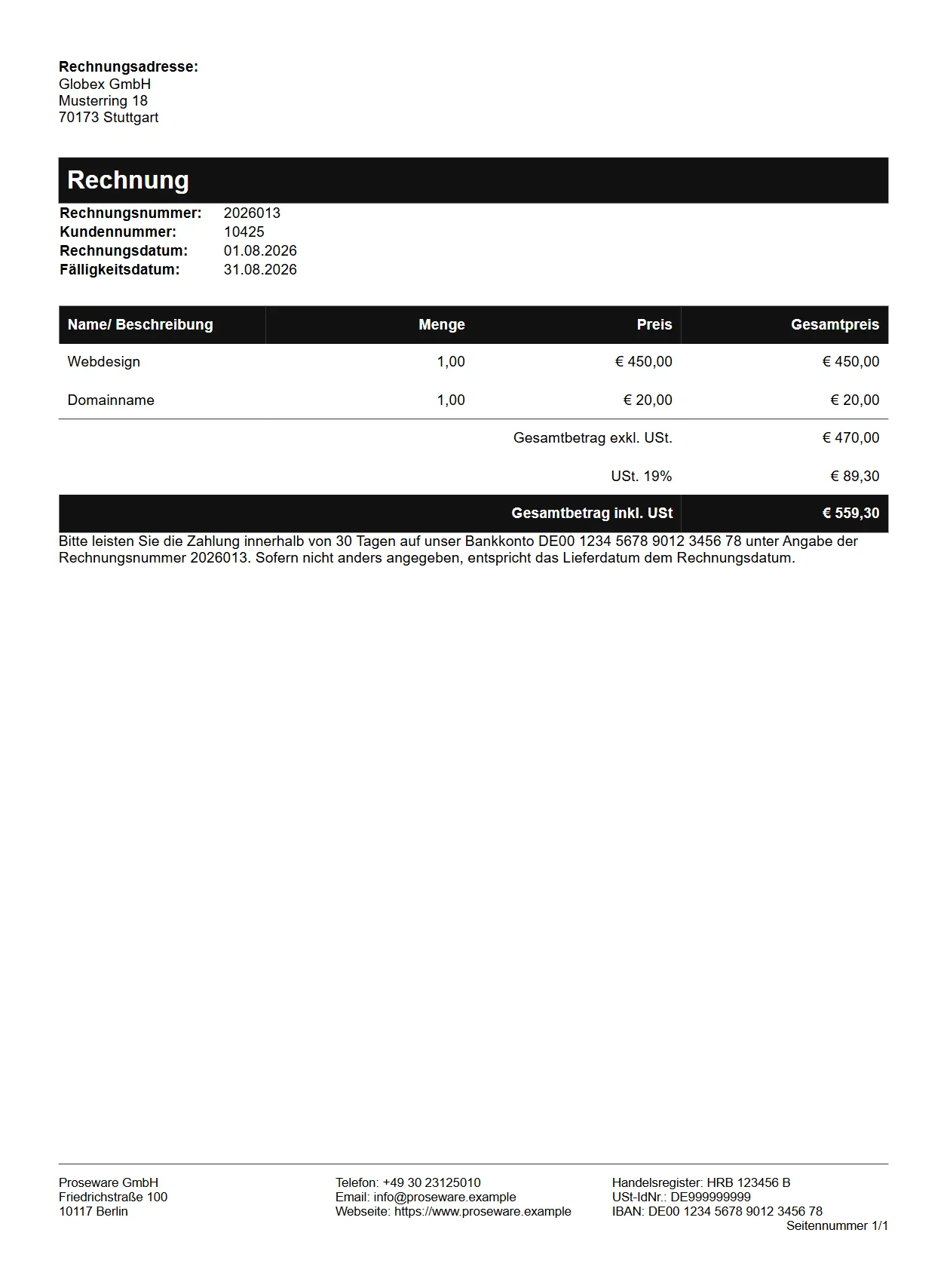 Beispielrechnung aus Invoice Office von Proseware GmbH an Globex GmbH mit Rechnungsnummer 2026013, Kundennummer, Rechnungs- und Fälligkeitsdatum, den Positionen Webdesign und Domainname, USt. 19 % und dem Gesamtbetrag von 559,30 € sowie den Firmendaten in der Fußzeile