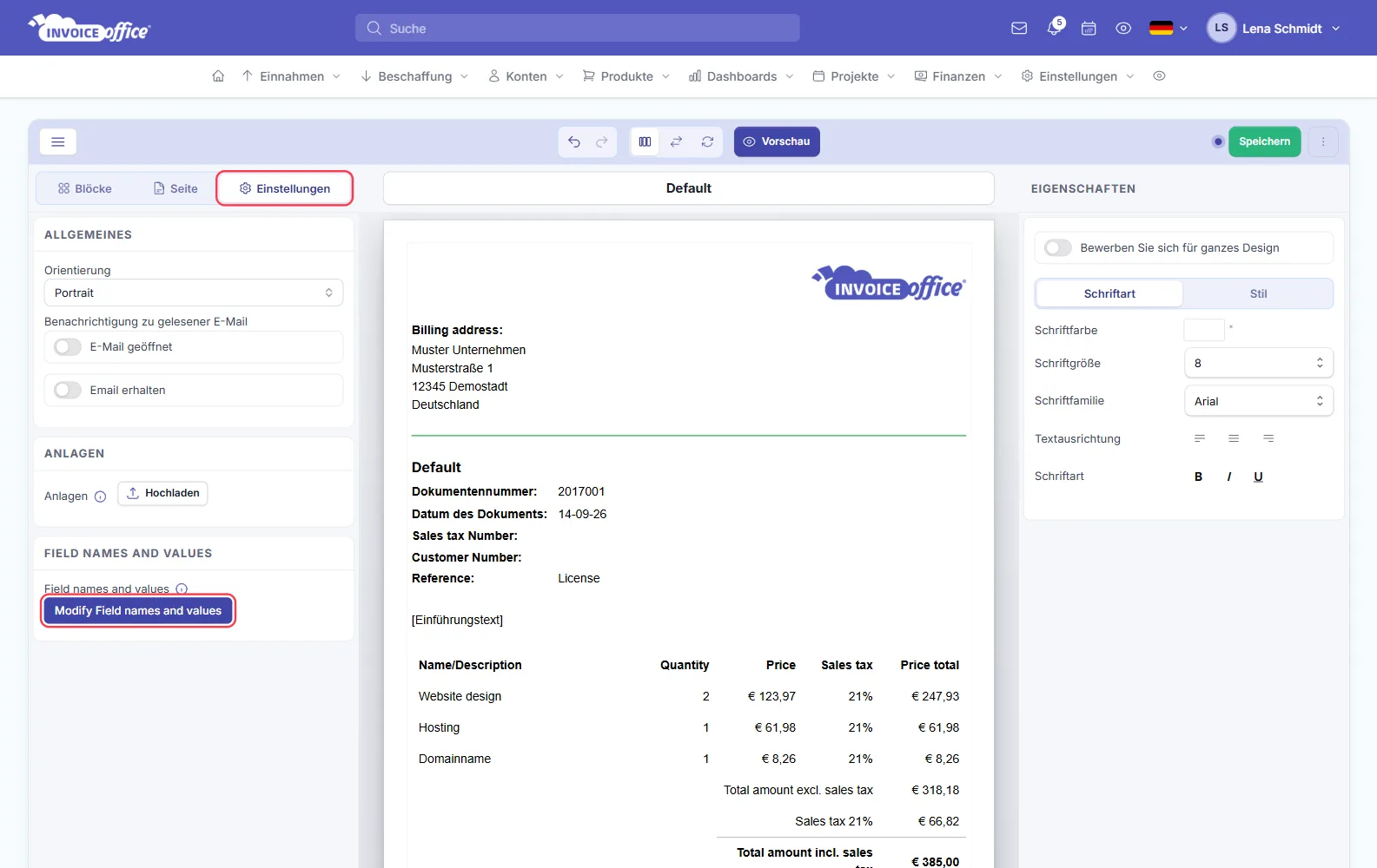 Reiter Einstellungen im Dokumentendesign mit der Schaltfläche „Modify Field names and values“ in Invoice Office