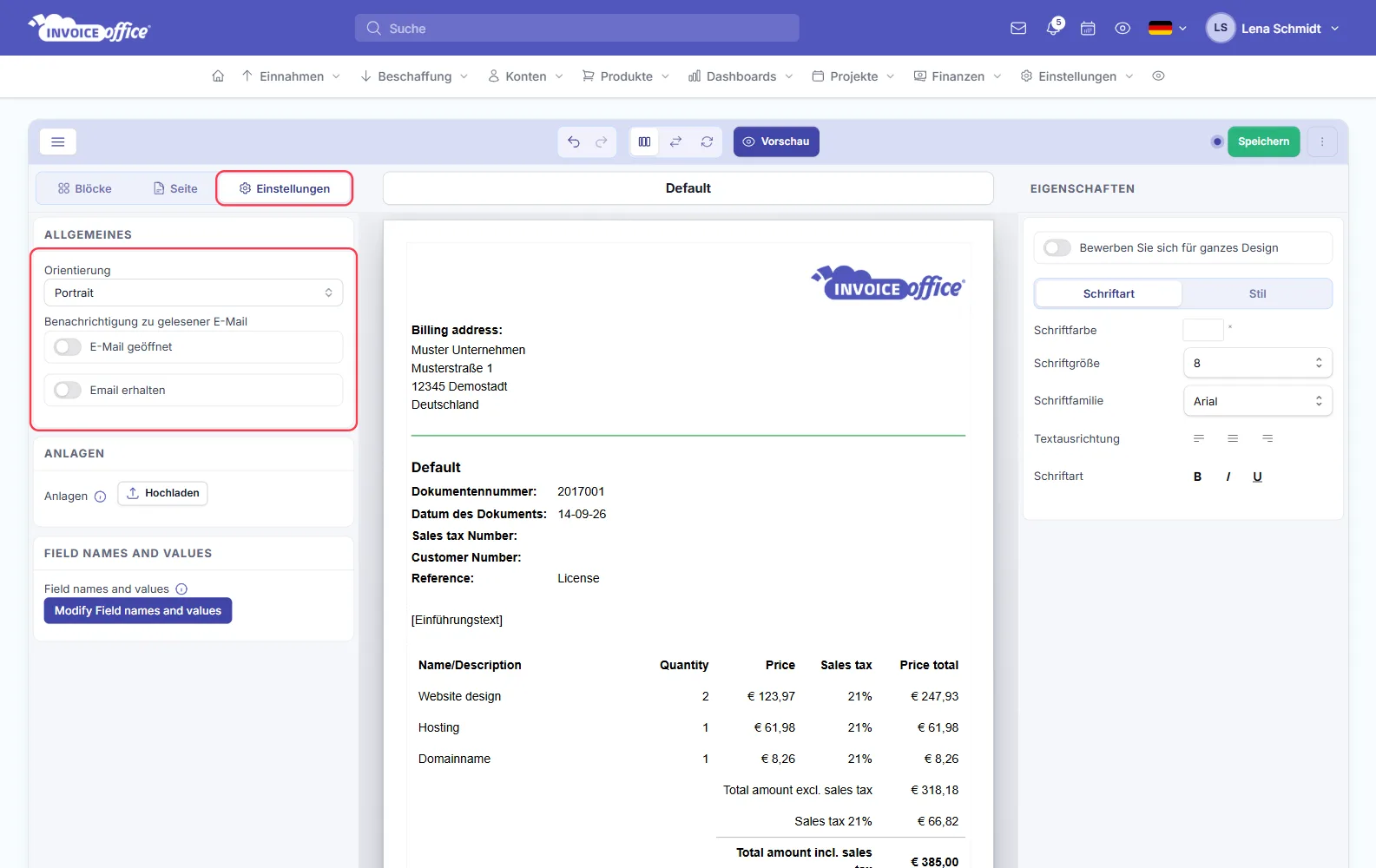Reiter Einstellungen im Dokumentendesign mit Benachrichtigung zu gelesener E-Mail in Invoice Office
