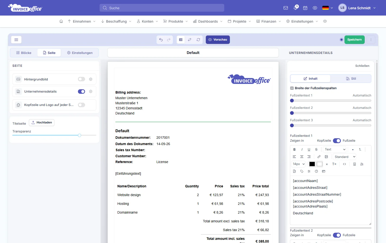 Fußzeilentexte mit Platzhaltern für die Unternehmensinformationen im Dokumentendesign von Invoice Office