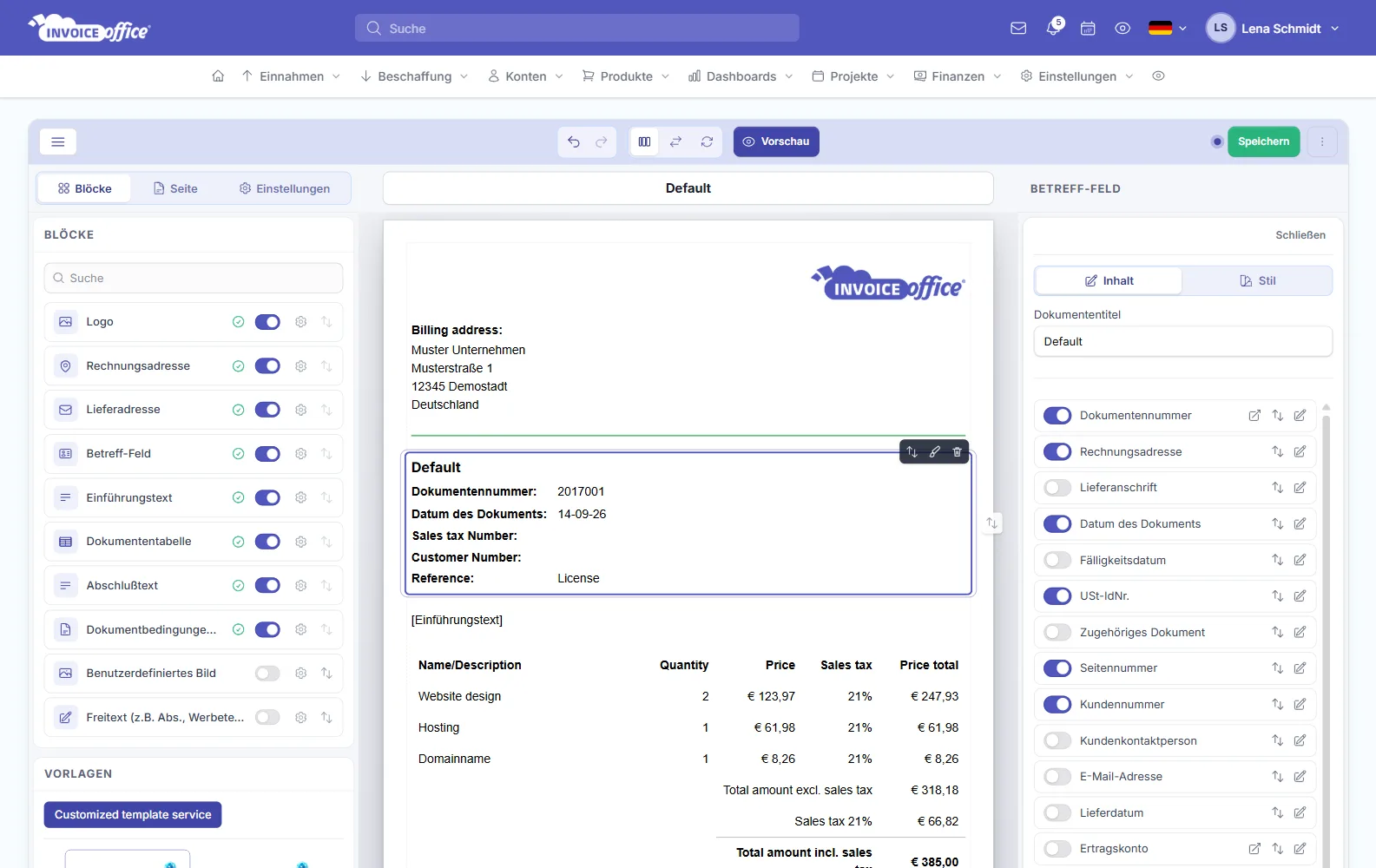 Informationsfelder wie Dokumentennummer, Kundennummer und Lieferdatum im Dokumentendesign von Invoice Office