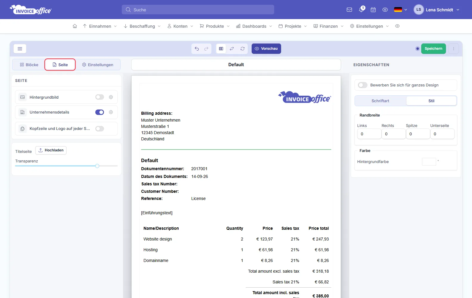 Reiter Seite im Dokumentendesign mit Hintergrundbild, Unternehmensdetails und Titelseite in Invoice Office