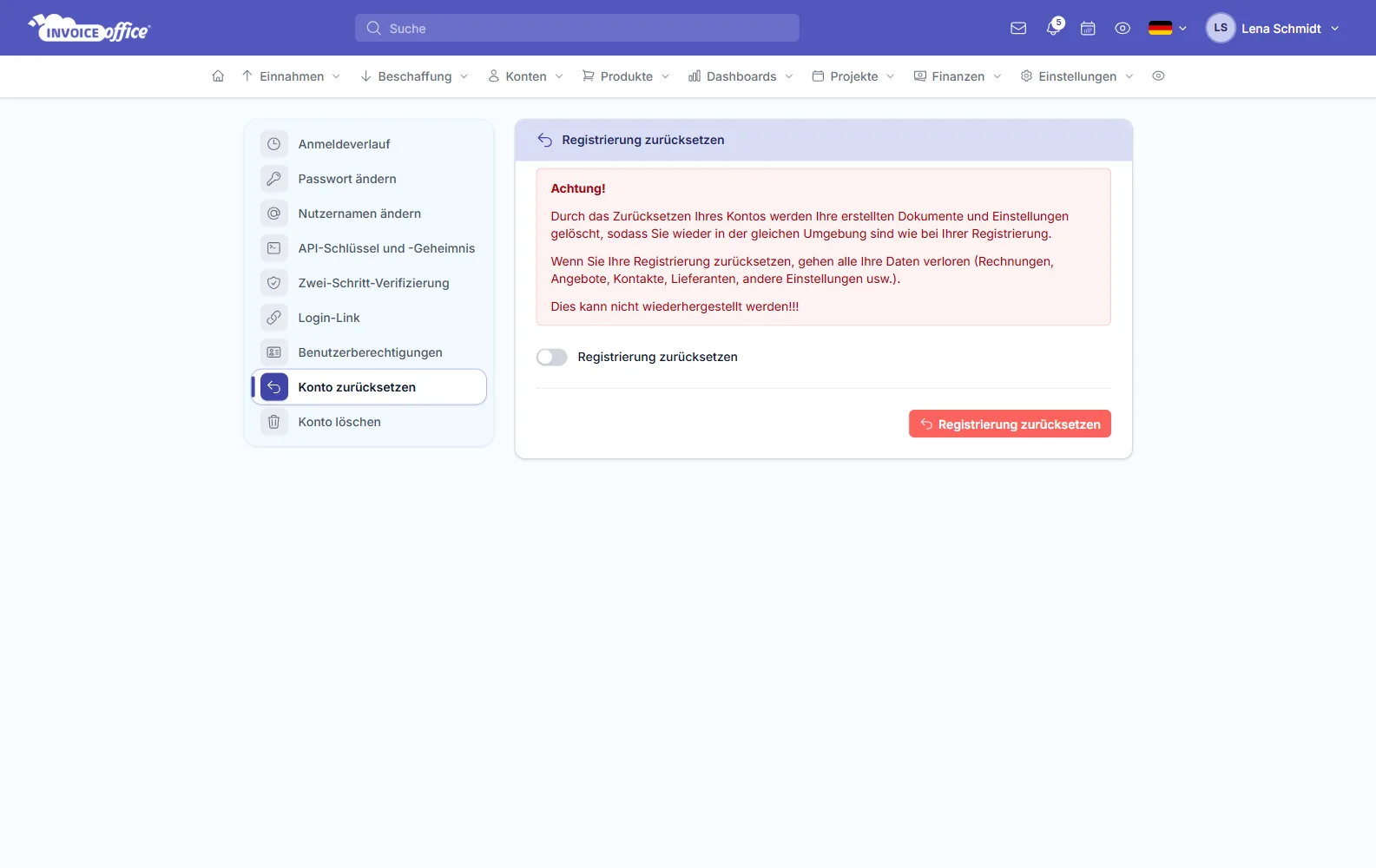 Sicherheitscenter mit dem Punkt Konto zurücksetzen und der Schaltfläche Registrierung zurücksetzen in Invoice Office