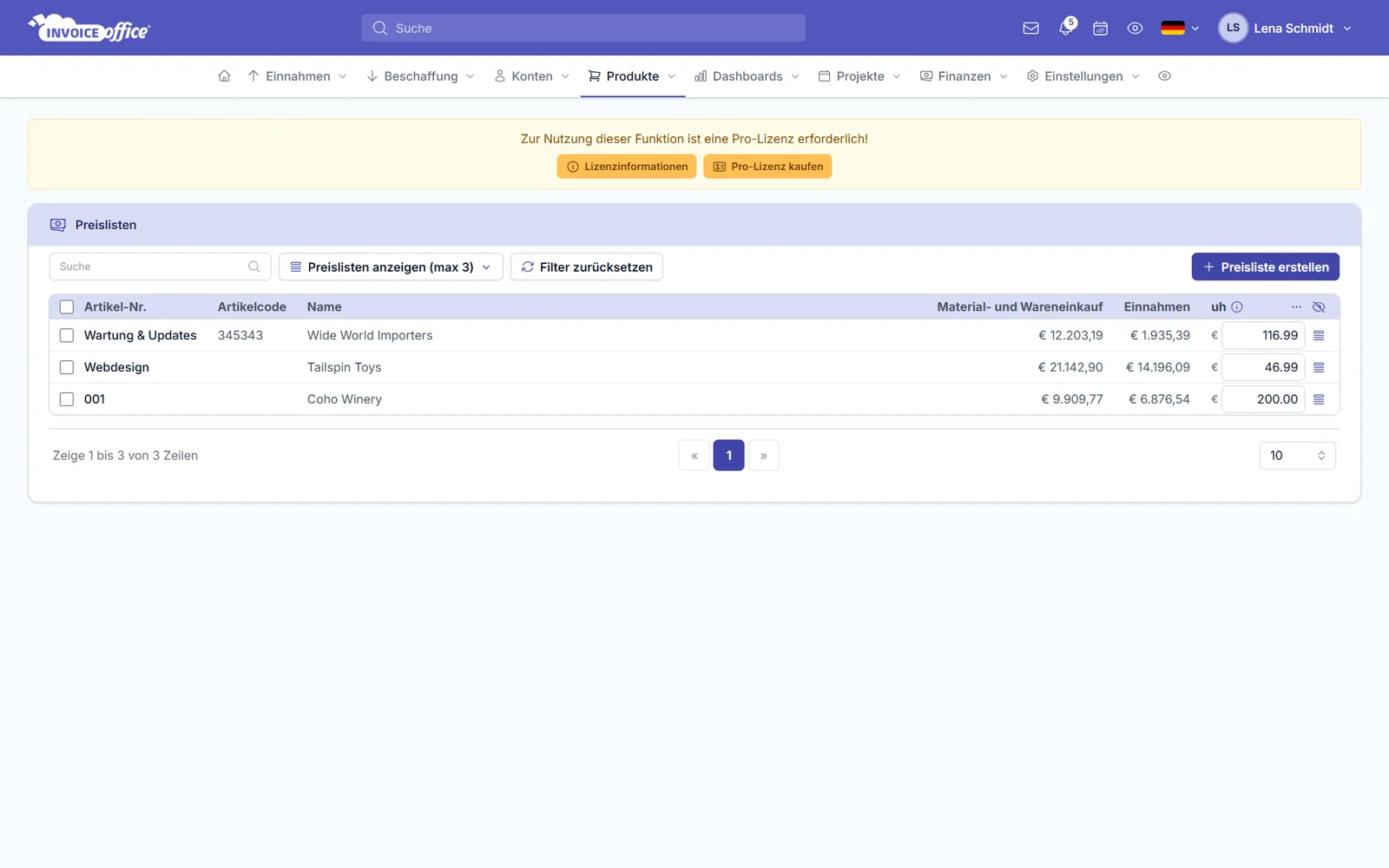Preislisten in Invoice Office
