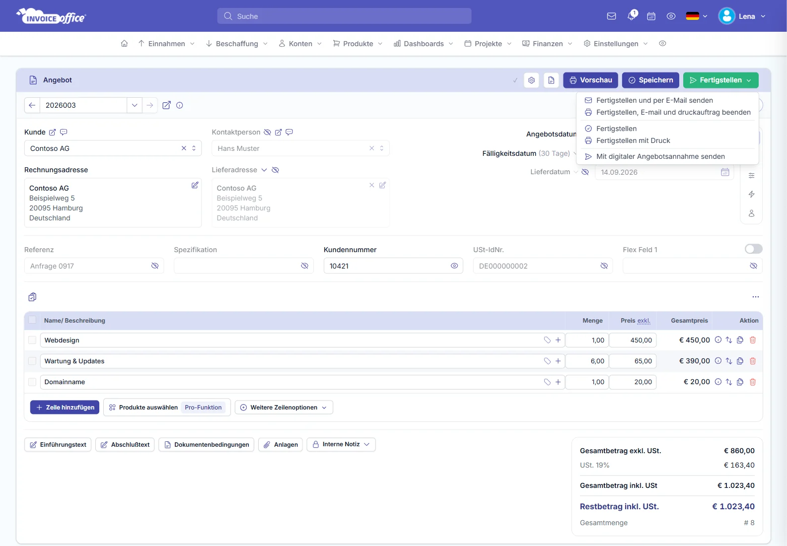 Angebot erstellen in Invoice Office: Angebot 2026003 für Contoso AG mit Webdesign, Wartung & Updates und Domainname und geöffnetem Menü „Mit digitaler Angebotsannahme senden“