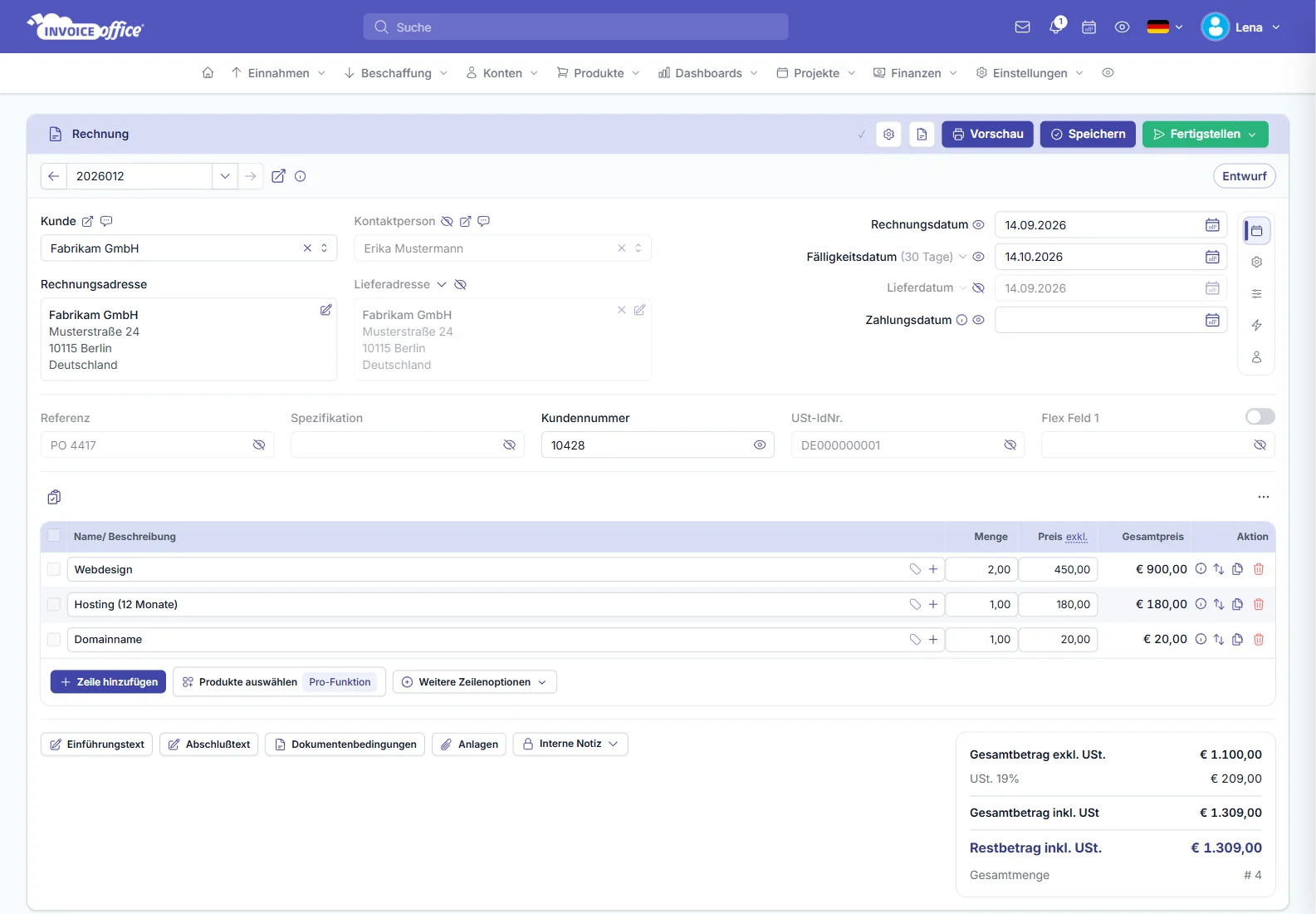 Rechnung erstellen in Invoice Office: Rechnung 2026012 für Fabrikam GmbH mit Webdesign, Hosting (12 Monate) und Domainname über 1.309,00 € inkl. USt.
