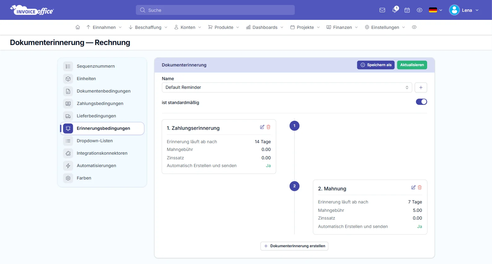 Automatische Zahlungserinnerungen: Erinnerungsbedingungen mit 1. Zahlungserinnerung und 2. Mahnung, jeweils automatisch erstellt und gesendet