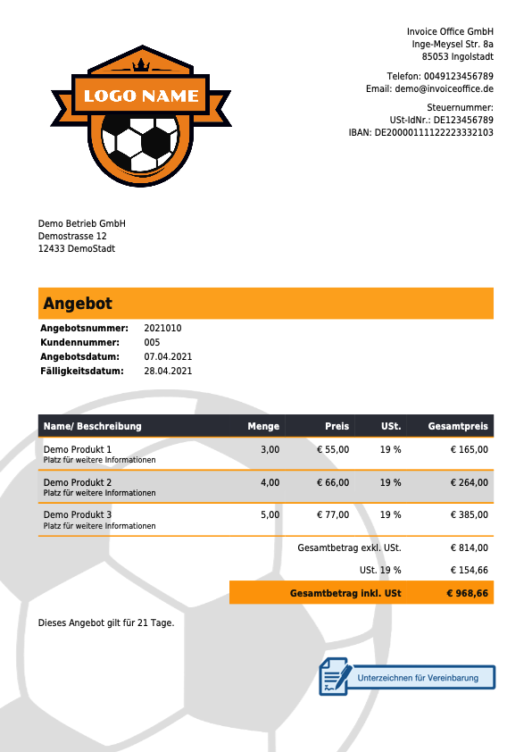 Angebot Beispiel Sportunternehmen mit Invoice Office