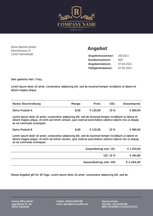 Beispiel Hypothekenangebot mit Invoice Office