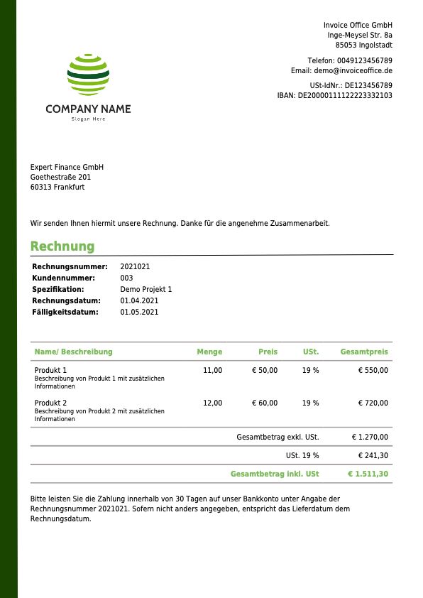 Musterrrechnung mit Adressdaten oben rechts