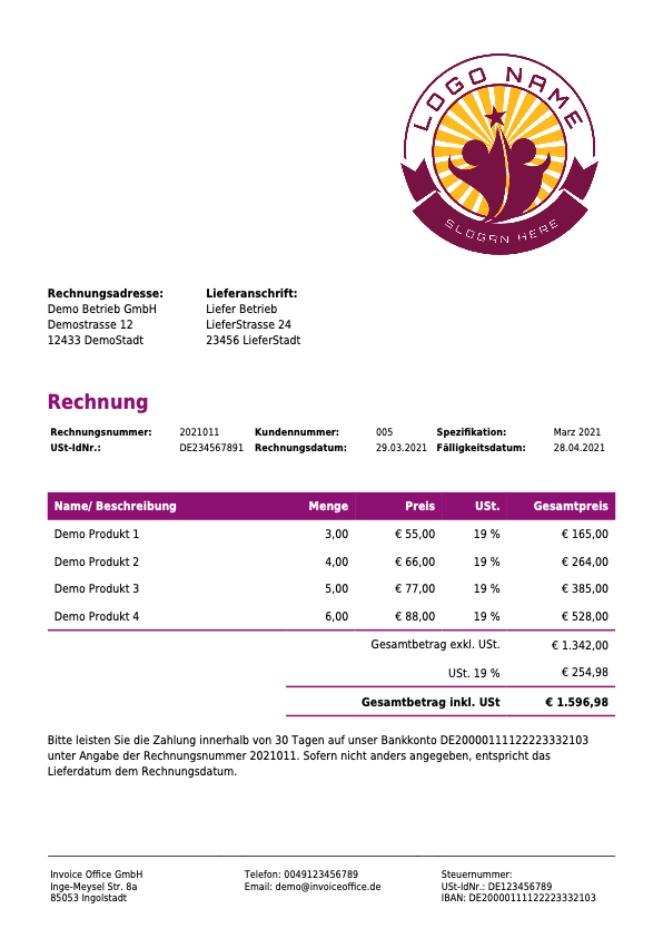 Rechnungsvorlage mit Lieferadresse auf der Rechnung